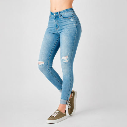 2 Jeans Celine Súper Stretch – Skinny Tiro Medio con Detalles Rasgados