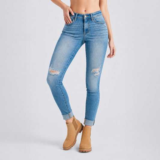 2 Jeans Celine Súper Stretch – Skinny Tiro Medio con Detalles Rasgados
