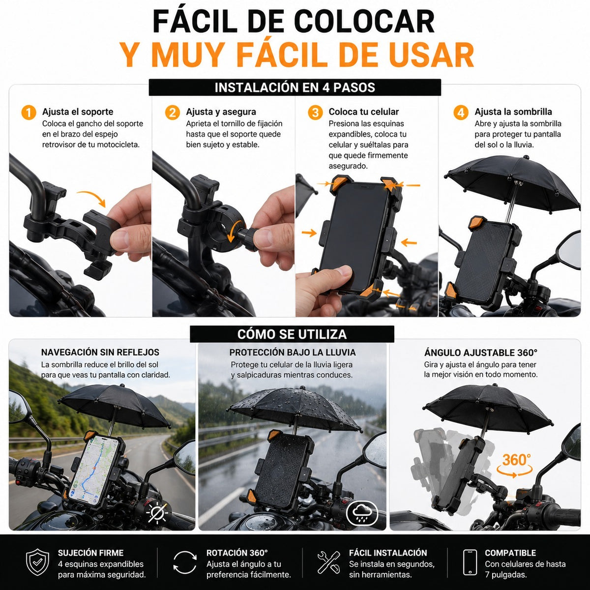 Soporte para Celular con Sombrilla – Protege tu Pantalla del Sol