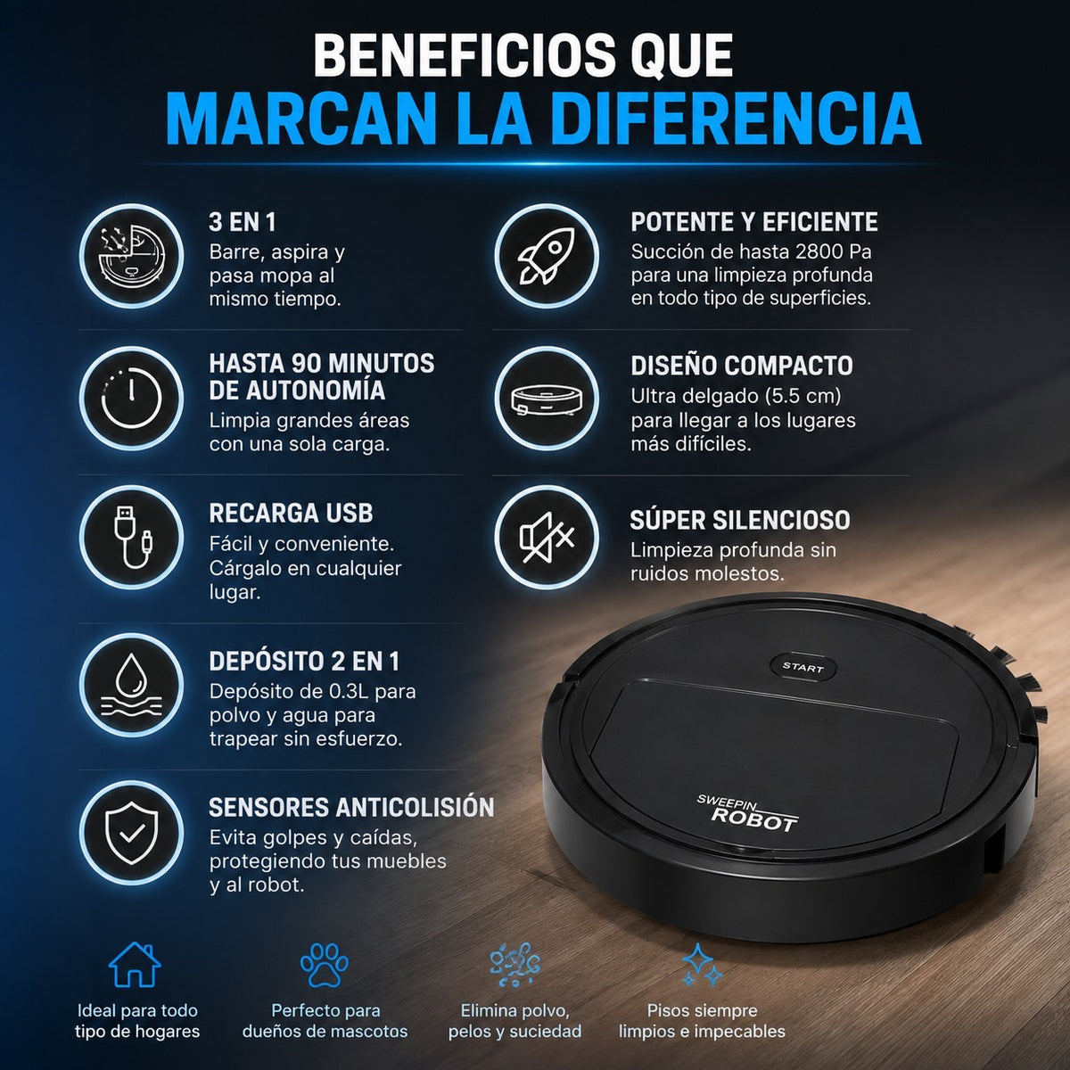 Robot Aspirador Inteligente 3 en 1 – Barre, Aspira y Trapea