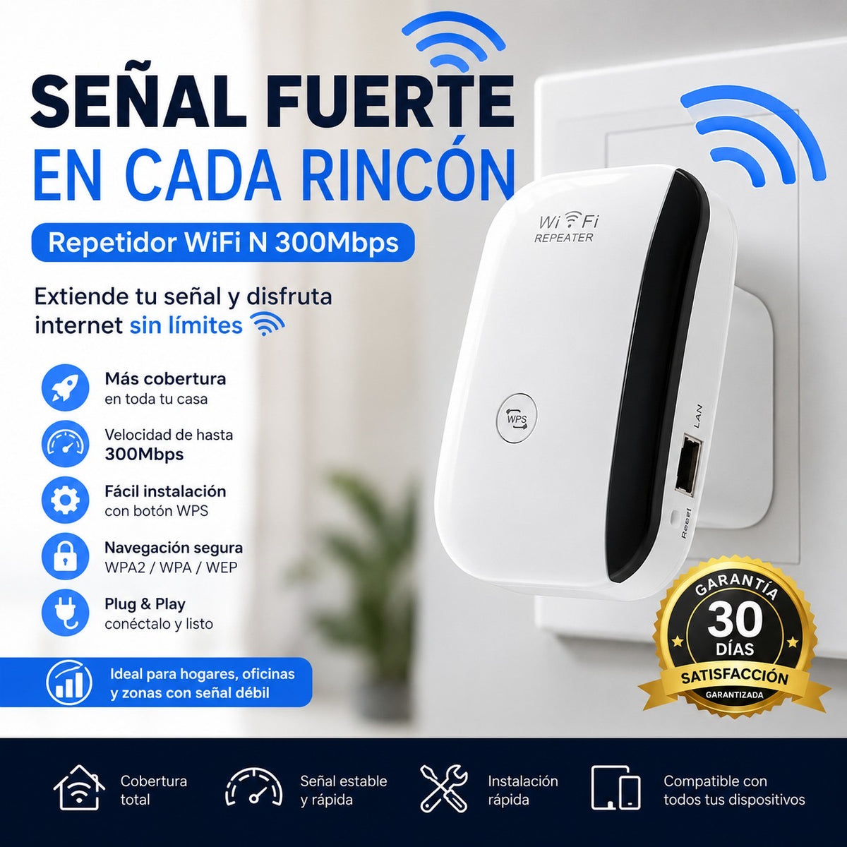 Repetidor WiFi Wireless-N 300 Mbps – Extiende tu Señal